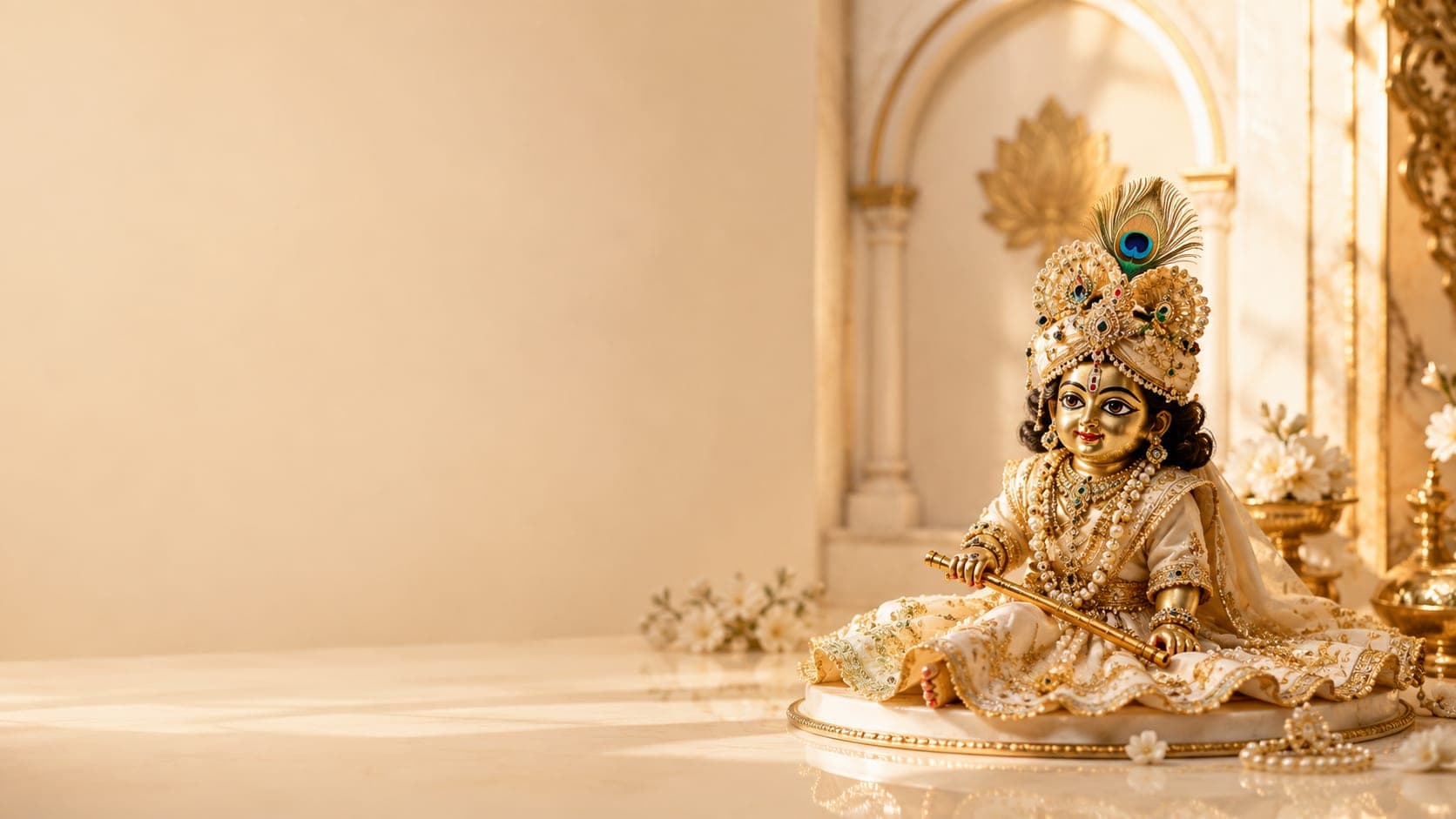 Laddu Gopal in ivory and gold shringaar